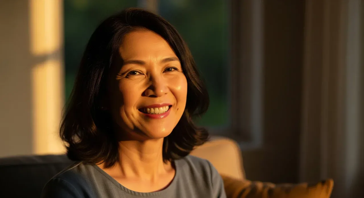 A smiling woman seated in warm evening light